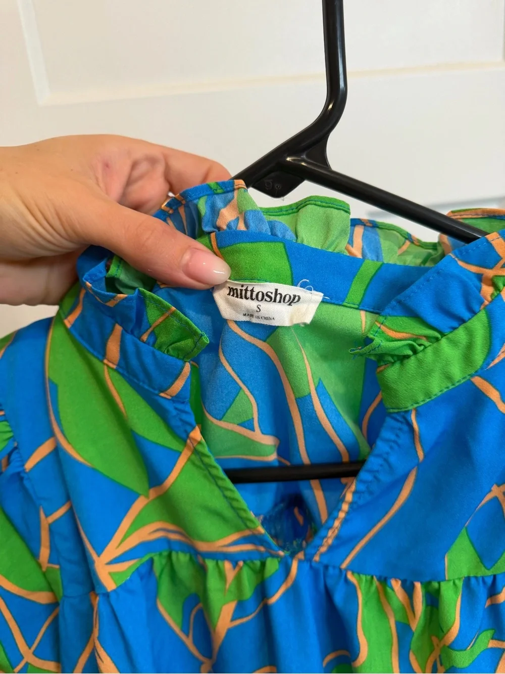 mittoshop Blue & Green Abstract Floral Short Sleeve Top
